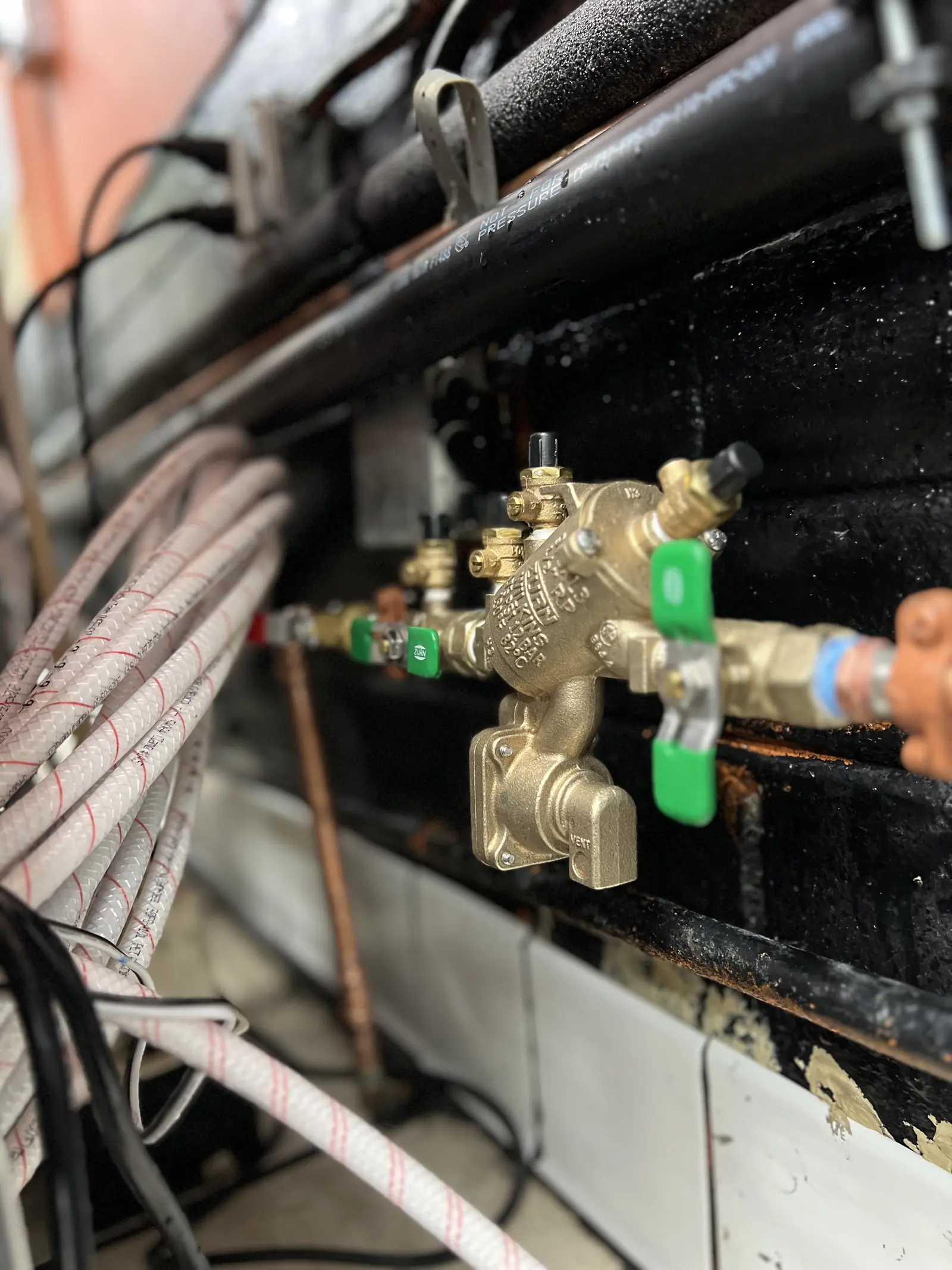 A brass backflow preventer with green handles mounted on a wall